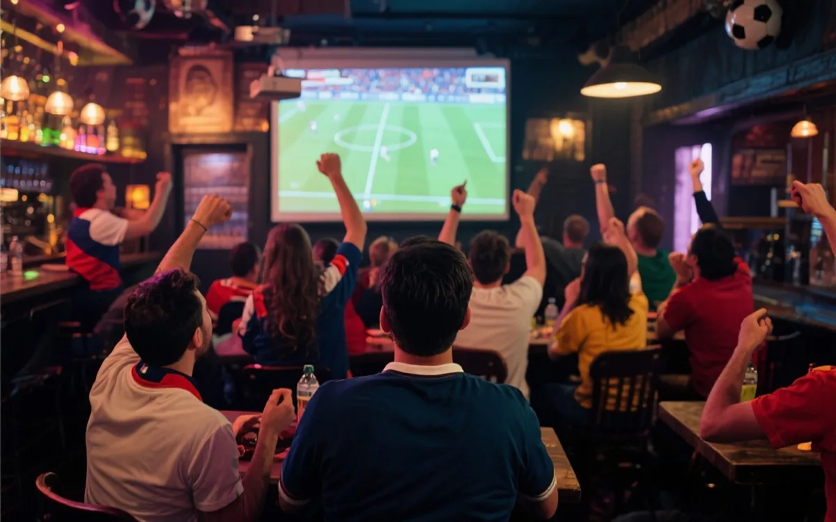 热闹的球迷酒吧观赛场景，室内大屏与多元人群