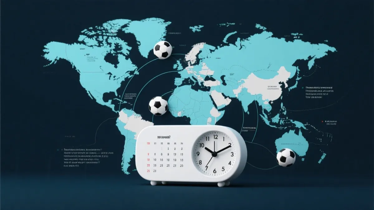世界时区与闹钟、日历和足球元素的简洁信息图风格画面