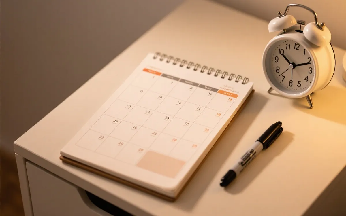 世界杯观赛时间规划表的桌面场景，包含闹钟、日历与笔记